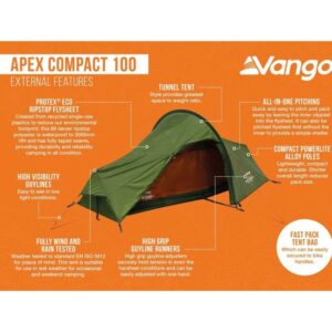 Vango Apex Compact 100 Tent - 1 Man Lightweight (Forest Green) Tents – Camping Tent