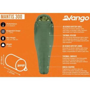 Vango Mantis 300 Lightweight Sleeping Bag (Pine Green) Sleeping Bags – Camping Sleeping Gear